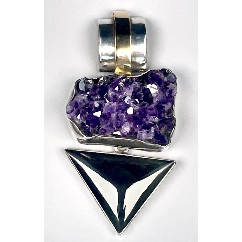 Judi Yates Sterling Silver Amethyst Druzy Black Onyx Pendant Signed 34.35g